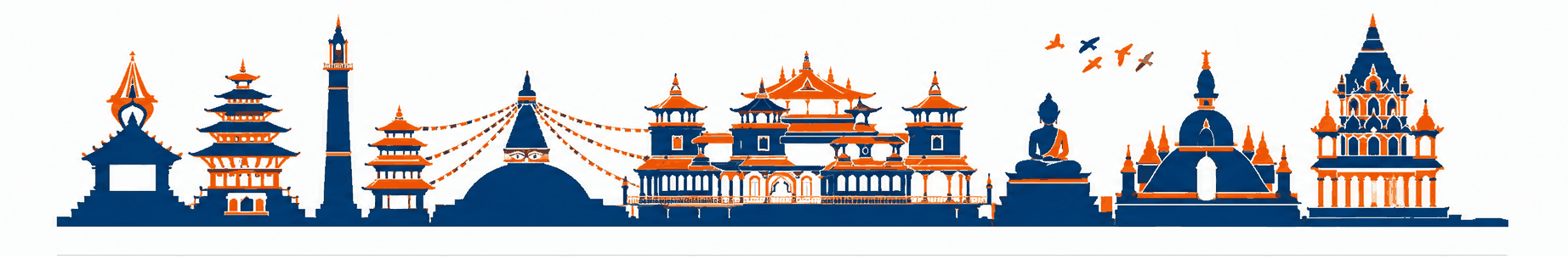 Illustration of Kathmandu’s temples, stupa and seated Buddha with the Himalaya behind