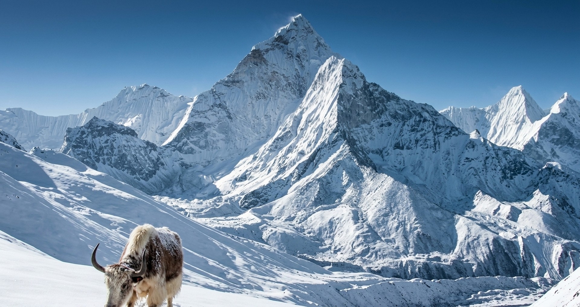 Himalayan peak above a snowfield with a yak on the near ridge