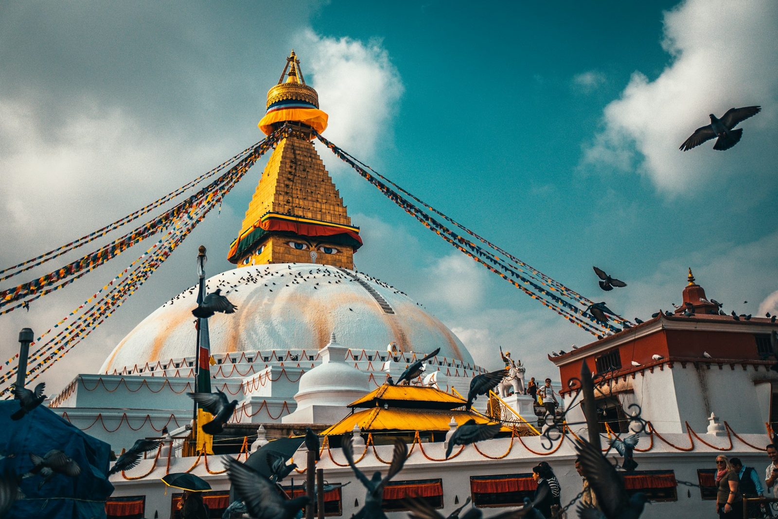 The white dome of Boudhanath Stupa with prayer flags and birds overhead