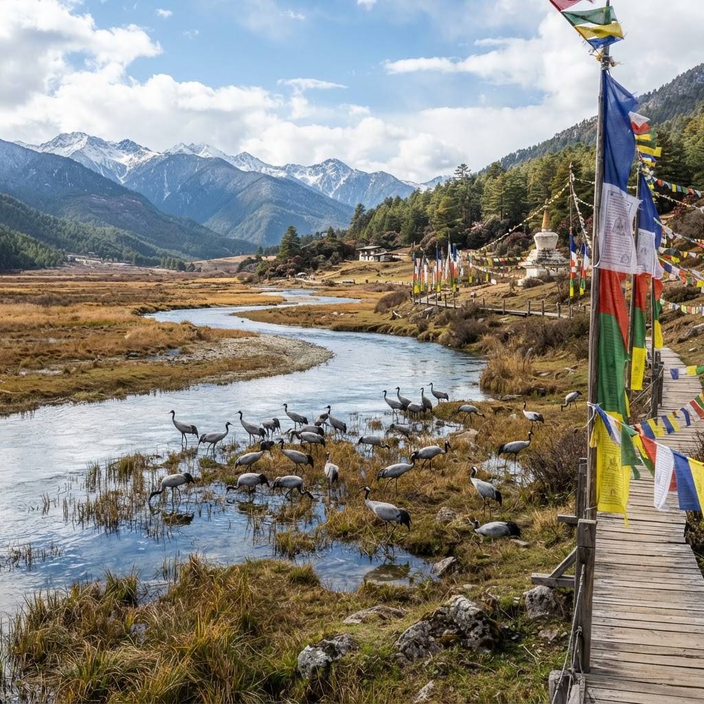 The Phobjikha valley wetland with boardwalk and prayer flags